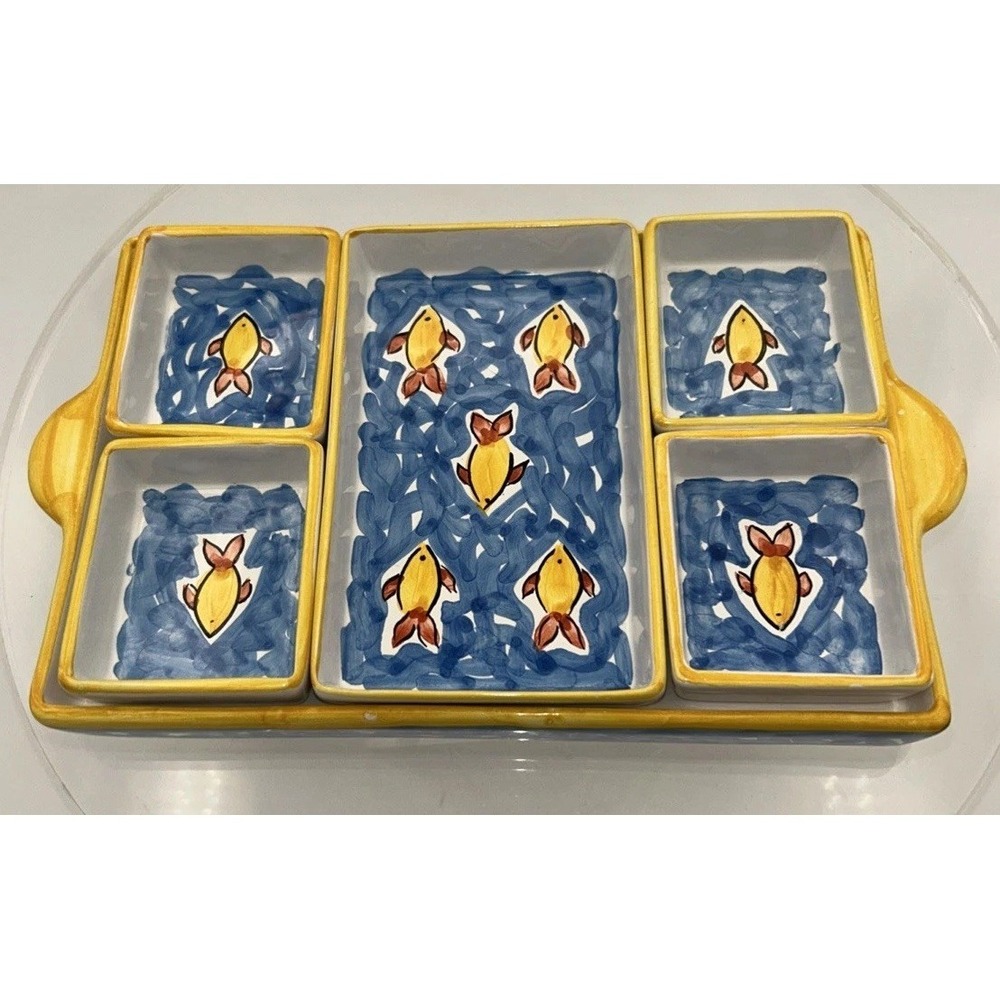 Vtg Donacer Portugal Hand painted Swimming Fish Caddy W/ Removable Trays #455‎